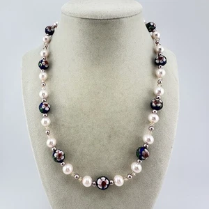 "Collar de 18"" estilo vintage cloisonné esmalte azul flor de cerezo imitación perlas rosas" - Imagen 1 de 5