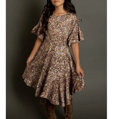 Mia Joy Joyfolie Emilia Dress Girls Size 12 Brown Floral Fall Holiday Ruffle - Image 1 of 4