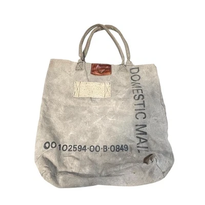 USPS Domestic Mail Canvas Tote Bag Large Gray Striped Lining Leather Trim - Image 1 of 4