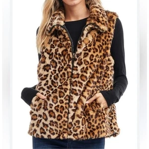 Leopard Faux Fur Vest Sleeveless Animal Print Mob Wife Full Zip Large Soft Cozy - Picture 1 of 12