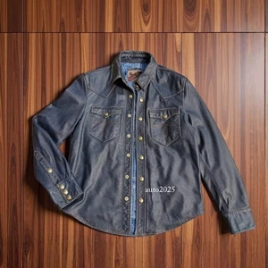 Mens Distressed Cowhide Leather Shirt - Vintage Style Western Stonewashed Indigo - Picture 1 of 24