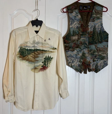 Винтажный Liz Claiborne лесной дикой природы лось олень рубашка на пуговицах v-образным вырезом жилет S/12 - Изображение 1 из 4