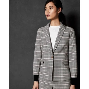 Ted Baker Kimm MRSP $348 Contrast Cuff Blazer Plaid Gray Jacket, Size US 6 - Picture 1 of 16