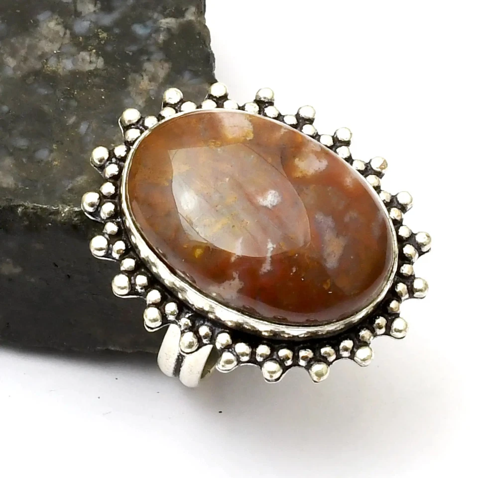 Anillo de piedras preciosas de ágata musgo rojo hecho a mano joyería para boda talla 8 de EE. UU. AR 27261 Foto 1 de 1