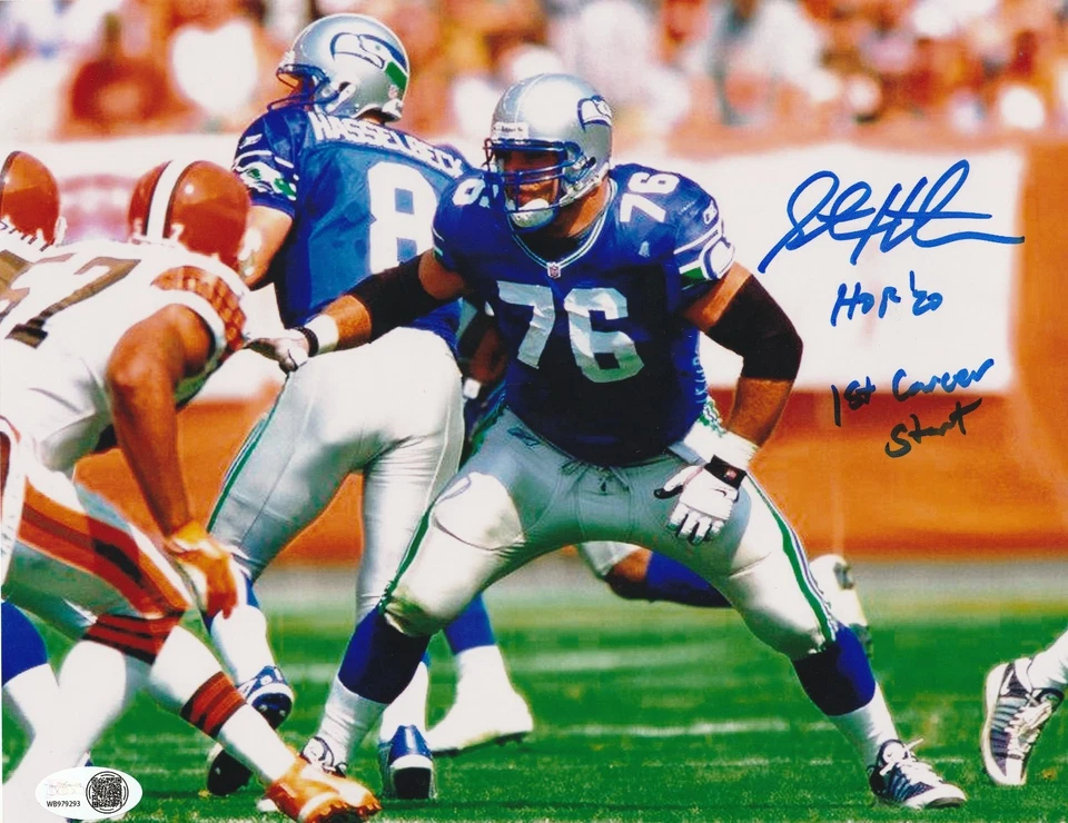 STEVE HUTCHINSON SEATTLE SEAHAWKS HOF 20 1ST CAREER START JSA ACTION SIGNED 8x10 - Image 1 of 1
