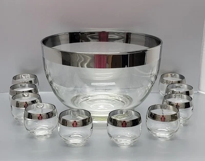 Dorothy Thorpe Transparente y Plateado Bebidas Punch Bowl Roly Poli Vasos Art Deco  Foto 1 de 4