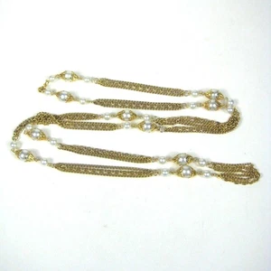 Vintage Gold Tone Multi Strand Chain Necklace Faux Pearl Beads 52 Inch Lariat - Picture 1 of 10