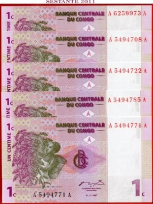 CONGO 1 CENTIME 1997 Prefix AA Lot of 5 notes P 80 UNC free shipping from 100$ - Image 1 of 3