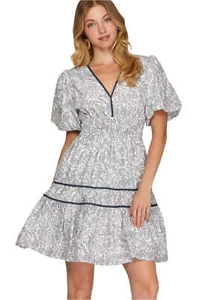 She + Sky Printed V-Neck Puff Sleeve Tiered Dress - Picture 1 of 4