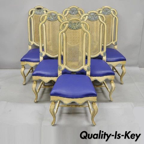 Set of 6 Vintage French Hollywood Regency Style Cane Pretzel Back Dining Chairs Cover