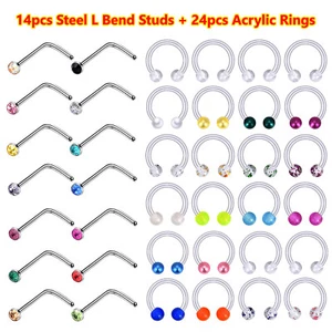 14-38Pcs Clear Nose Ring Hoop 20g Surgical Steel Screw L Pin Bone Nose Studs 16g - Picture 1 of 14