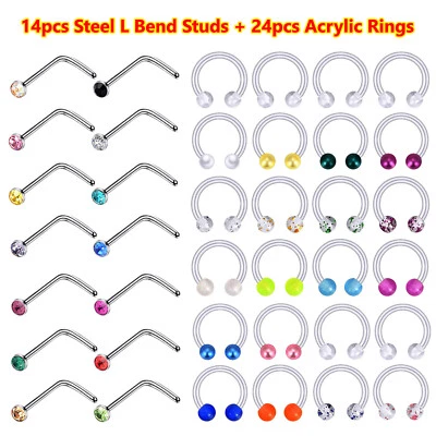 14-38Pcs Clear Nose Ring Hoop 20g Surgical Steel Screw L Pin Bone Nose Studs 16g - Image 1 of 4