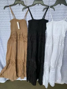 Women Maxi 52" dress cotton solid bustier spaghetti strap adjust eyelet vestido - Picture 1 of 3