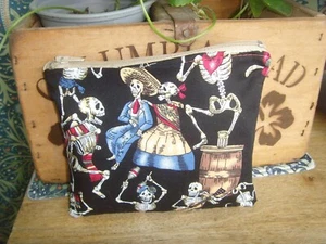 SKULL DAY OF THE DEAD COTTON PURSE ZIP GIFT 16cm X 13cm LINED BLACK - Picture 1 of 2
