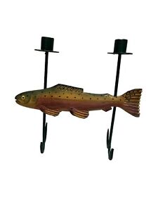 Folk Art Primitive Fish Green Yellow Freckle Wood Metal Table Top Candle Holder