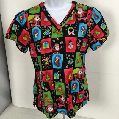 Womens Scrub Top Size M Black with Reindeer Snowmen Snowflakes Holidays V neck - Image 1 of 4