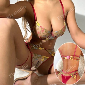 Women Sexy-Lingerie See-Thru Embroidery 3 Pics Underwear G-Thong Garter Belt Set - Picture 1 of 23