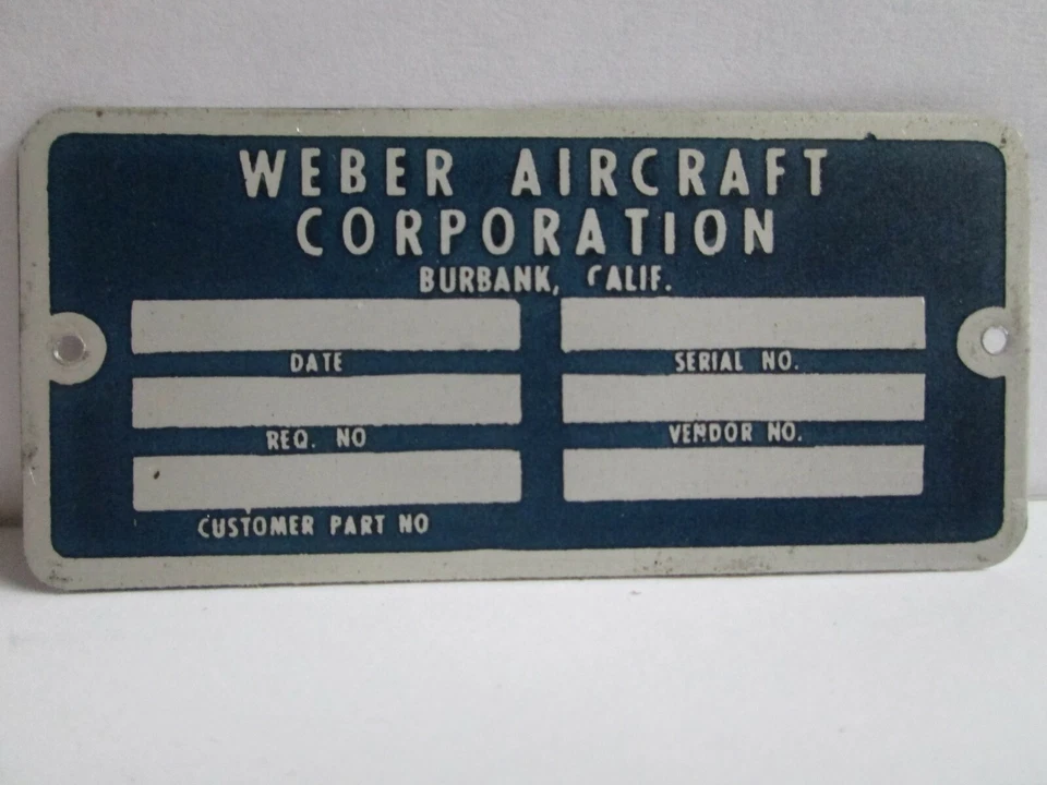 Placa de identificação Weber Aircraft P/N WSF73132 nova placa de dados frete grátis - Imagem 1 de 2