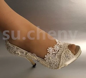 Su.cheny 3" 4" Tacón Satinado Blanco Marfil Encaje Perlas Punta Abierta Boda Novia Zapatos - Imagen 1 de 11