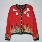 Vintage Small Orvis Womens Red Knitted Button Up Long Sleeve Geese Duck Cardigan