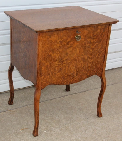 Antique 1910's Tiger Oak Music Stand Record Office Cabinet Table w Cabriole Legs Cover