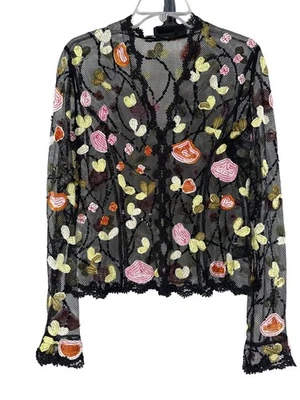 Blusa de encaje bordado floral JS Boutique para mujer talla L negra multicolor Foto 1 de 4
