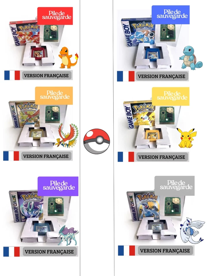 Pokémon GBC Or Jaune Rouge Bleue Argent Cristal FR Cartmod boite color gameboys - Photo 1/4