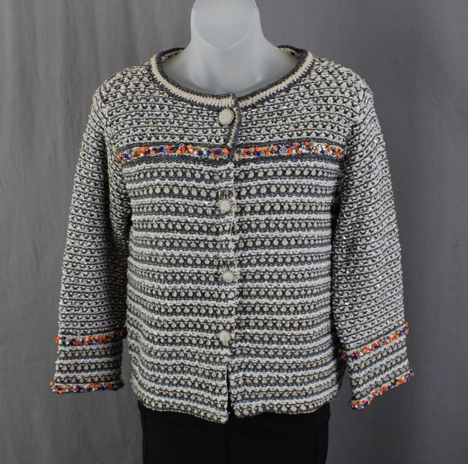 Cardigã suéter Chanel cinza bege branco multi mistura de algodão frisado acento 40 8 - Imagem 1 de 4