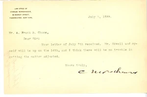 1899 Poughkeepsie NY Lawyer Charles Morschauser Typed Letter Signed New York - Picture 1 of 2