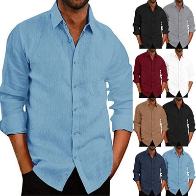 Mens Button Down Long Sleeve Solid Shirts Casual Fit Formal Dress Tops Tee Shirt - Image 1 of 4