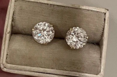 Серьги-гвоздики из чистого желтого золота 14 карат с одним круглым фианитом 7 мм мужские женские - Изображение 1 из 4