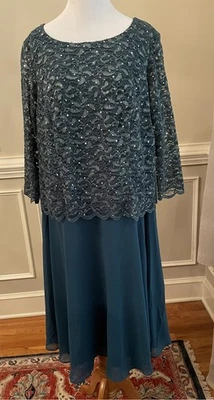 Lacy Sequined Teal/Green Special Occasion Midi/Long Dress, 18W, 3/4 Sleeve - Image 1 of 4