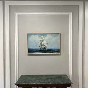 Clipper velero en mares agitados firmado por R. Boren pintura al óleo náutica 33"x21" - Imagen 1 de 15