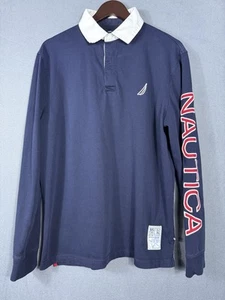 NAUTICA Segel Poloshirt Herren Large blau schwer Langarm Rugby Golf 90er - Bild 1 von 12
