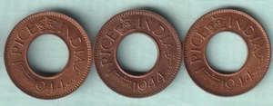 BRITISH INDIA 1944 KING GEORGE VI ONE PICE HOLE 3 COINS SET - Picture 1 of 2