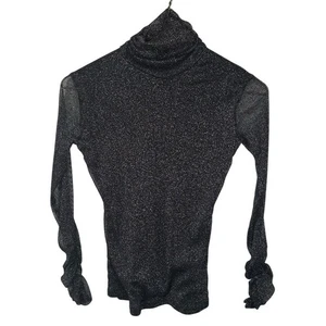 Black & Silver Shimmer Turtleneck Sheer Long Sleeve Ruched Top Women's Medium  - Picture 1 of 4