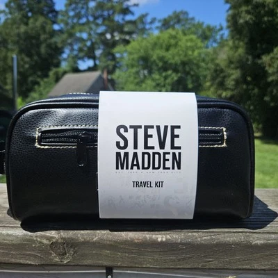 STEVE MADDEN Men's Black Zipper Toiletry Bag Kit w Zip Side Pouch Vegan Leather - Image 1 of 4