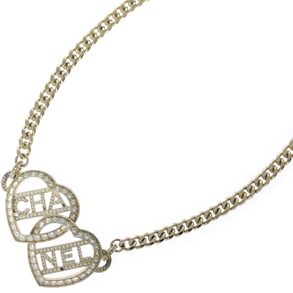 CHANEL Heart Rhinestone Logo Necklace Gold GP Accessories Used 5b2c1d02873b5fa95 - Image 1 of 4