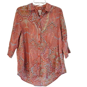 Chicos Shirt Womens M Petite Paisley Linen No Iron Button Up Top Blouse - Picture 1 of 7