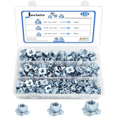 T Nuts Assortment Kit 1/4"-20, 5/16"-18, 3/8"-16, 160 Pcs Zinc Plated Steel - Image 1 of 4