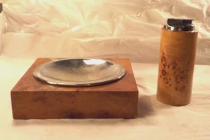 Vintage Set Matching Wood Ashtray-Stainless Tray & Wood Lighter Base-RONSON - Picture 1 of 21
