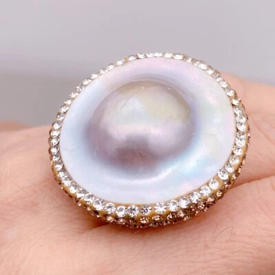 Natural Silver Gray Mabe Pearl Crystal Pave Ring Adjustable Ring Gift For Women - Image 1 of 4