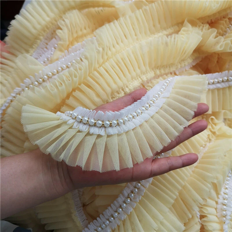 2M Lace Net Ruffle Trim Faux Pearl Beaded Pleated Mesh Ribbon Edge Sewing Decor - Image 1 of 4