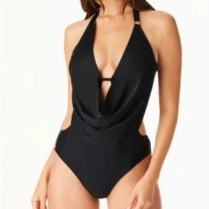 Bar III Cowl-Neck Monokini One-Piece Swimsuit Womens Size XS Black Halter Padded - Picture 1 of 8