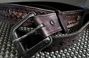 Men's Mexican Made Fancy Details Distressed Brown Leather Belt Sz. 42 Remove Buc - Picture 1 of 10