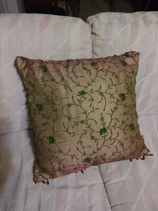 Raymond Waites Embroidered Green Vines Pillow 14"X 14” Bead Fringe - Picture 1 of 6