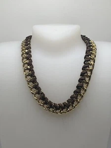 Collana catena Ettika placcata oro 18 kt con tessuto in pelle marrone nuova con etichetta. - Foto 1 di 5
