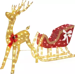 Lighted Christmas Reindeer & Santa Sleigh Set, Light-Up Outdoor Xmas Holiday Dec - Picture 1 of 9