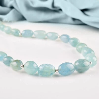 Pulsera de piedras preciosas de aguamarina natural lisa con cuentas completas para mujer Foto 1 de 4