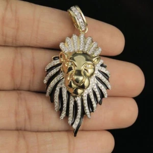 1.10 ctw Simulated Diamond 14K Yellow Gold Plated Lion Face Men's Pendant 2" - Picture 1 of 10